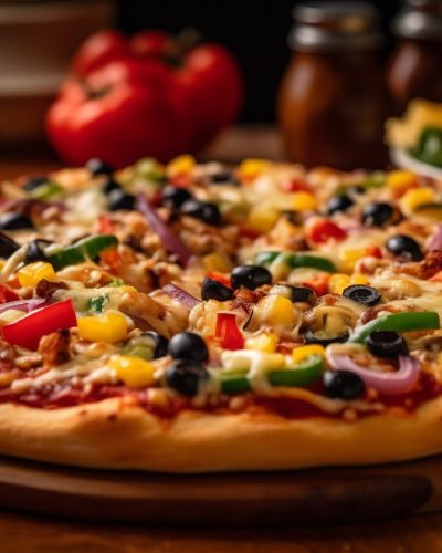 Freshly baked pizza on rustic wooden table generated by artificial intelligence