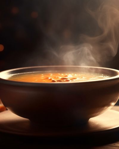 Steaming hot soup in wooden bowl generated by artificial intelligence